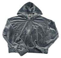 Tmavosivá lesklá zamatová prepínaci crop mikina s nápisom a kapucňou H&M