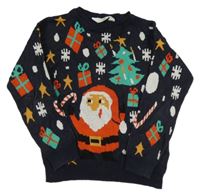 Tmavomodrý vianočný sveter so Santou a stromčekom a dárečky H&M