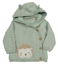 Olivovo-bílý pruhovaný propínací podšitý svetr svetr s ježečkem a kapucí s oušky Mothercare