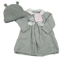 Nové - 2Set - Šedé melírované pletené šaty s mašlí a límečkem Dizzy Daisy + čepice s oušky Matalan