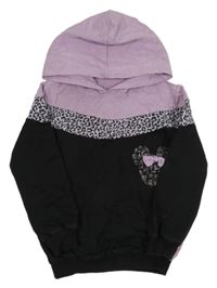 Černo-fialová melírovaná mikina s Minnie z kamínků a vzorem a kapucí
