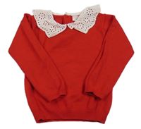 Červený úpletový svetr bielým golierikom s madeirou PRIMARK