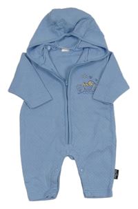 Modrá prešívaná tepláková kombinéza s medvedíkom a stromčekmi  a kapucňou