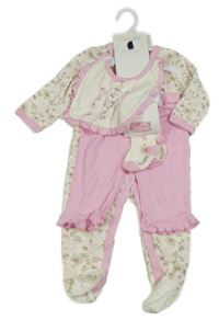 Nové - 4Set - smetanovo/růžový overal s růžemi a motýlky + podbradník s volánkem + ponožky s mašlí + ružové tepláky Vitamins baby