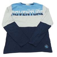 Tmavomodro-svetlošedá -modré tričko s nápismi a dinosaurom Kids