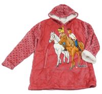 Jahodová plyšová zateplená oversize dlouhá mikina s Bini&Tina a hvězdičkami a kapucí 