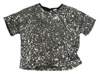 Stříbrno-černé tylové flitrové slavnostní crop tričko F&F