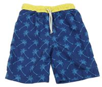 Tmavomodro-žlté plážové kraťasy s palmami