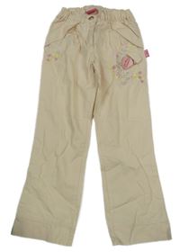 Vanilkové chino plátěné kalhoty s kytičkami a ptáčkem a kamínky a mašlí Pampolina