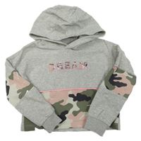 Šedo/melírovano-army crop mikina s nápisom a flitrami a kapucňou F&F
