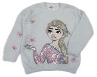 Světlešedý chlupatý svetr s Elsou a flitry a vločkami C&A