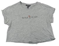Sivé melírované crop tričko s nápisom a kvietkom New Look