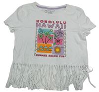 Biele crop tričko s obrázkami a strapcemi zn. Primark