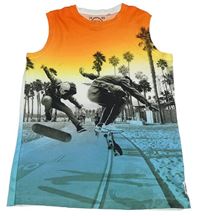 Oranžovo-bielo-modré ombré tielko so skateboardisty a palmami C&A