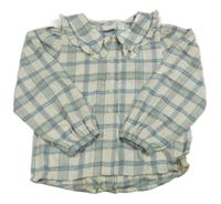 Smetanovo-modro-ružová kockovaná trblietavá blúzka s golierom zn. Matalan