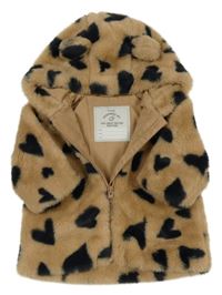 Hnědá kožešinová podšitá bunda se srdíčky a kapucí George