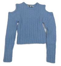 Modrý rebrovaný chlpatý crop sveter s prestrihmi Peacocks