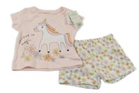 Nové - 2set - Svetloružové tričko s jednorožcem + biele kvetované bavlnené kraťasy Peacocks