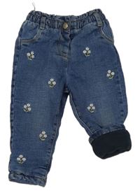 Modré zateplené rifle s výšivkami květů C&A