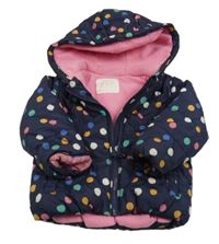 Tmavomodrá šusťáková zateplená bunda s barevnými puntíky a kapucí Mothercare
