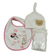 5 set - 3x bílé rukavice + bílo-růžový brnydák s Minnie + bílá čepice s medvědem 