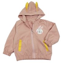 Světlerůžová šusťáková jarní bunda s králíkem a kapucí s ušima