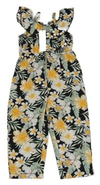Nové - čierno-žlto-biely kvetovaný ľahký nohavicový overal Shein