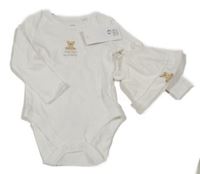 Nové - 2 set - bílé body s medvědem + čepice F&F