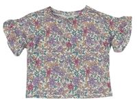 Smetanovo-farebné kvetované rebrované tričko Tu