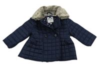 Tmavomodrý šusťákový prošívaný zateplený kabátek s kožušinovým golierom Jasper Conran