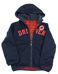 Tmavomodro-červená obojstranná jarná bunda s nápisom a kapucňou