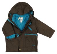 3v1 - Hnědo-světlemodrá šusťáková celoroční funkční bunda s kapucí + modrá fleecová mikina Quechua