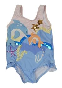 Modro-růžové jednodílné plavky s delfíny a flitry Primark