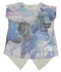 Smetanovo-modro-sivé tričko s koníky a flitrami Yigga