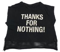 Čierne crop tričko s nápisom a sieťovinou Page one young