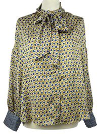 Dámská okrovo-modrá kytičkovaná saténová halenka s vázačkou 