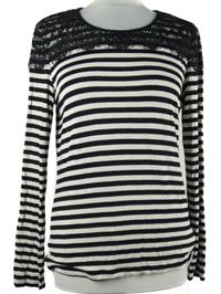Dámske čierno-smotanové pruhované tričko s čipkou Oasis