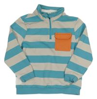 Azurovo-béžová pruhovaná mikina s vreckom Tu