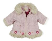 Svetloružová zateplená menšestrová bunda s kvietkami a kožúškom