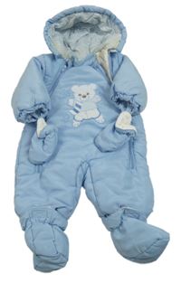 Modrá šušťáková zimná kombinéza s medvěďom a kapucí+ rukavice+ cápačky