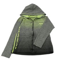 Šedo-zeleno-černá propínací sportovní mikina s nápisem a kapucí