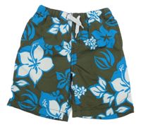 Khaki-modro-bílé plážové kraťasy skvětinami 