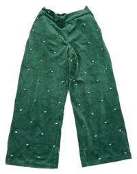 Zelené plyšové široké nohavice so srdiečkami