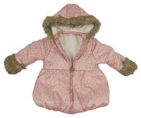 Světlerůžová květinová šusťáková zimní bunda s kožíškem a kapucí 