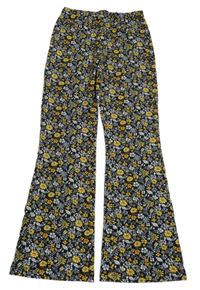 Černo-žluté květované flare kalhoty 