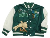 Zeleno-biela baseballová mikina s 3D našitým medvěďom shein