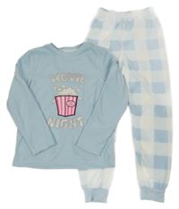 Světlemodro-kostkované fleecové pyžamo s popcornem 