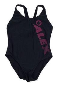 Tmavomodré jednodílné plavky s nápisem Alex 