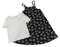 2set - Černé šaty s kytičkami + bílé crop tričko Primark