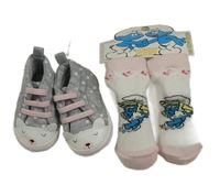 2set - Šedé puntíkovné capáčky + bílo-růžové ponožky se Šmoulinkou 
